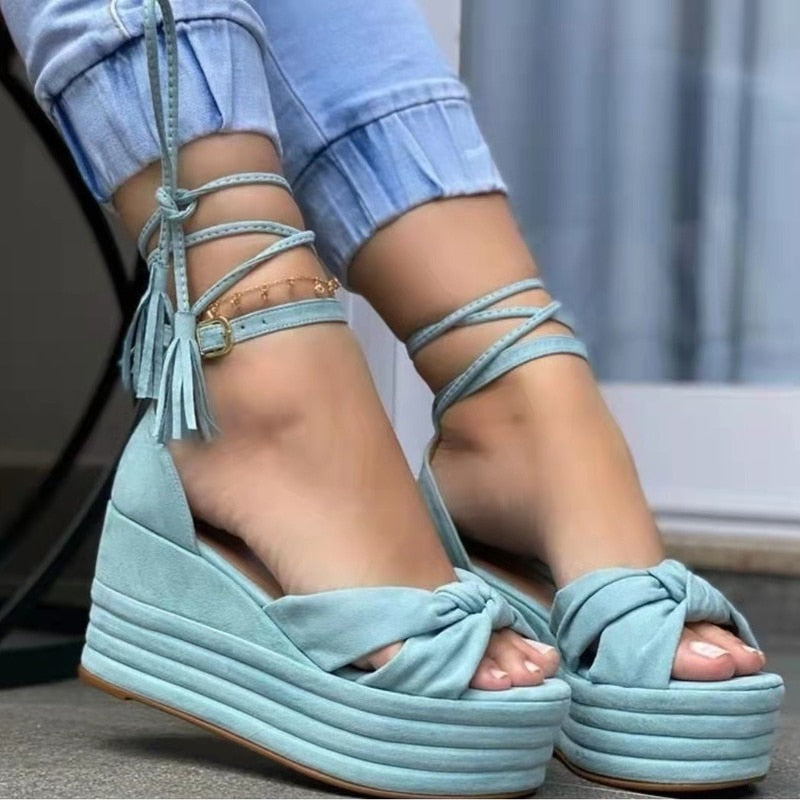 Ddbos Women Wedges Sandals Summer Fashion Lace Up Round Head Casual Office Party Wedding Shoes Ladies Sandals Large Size 36~43