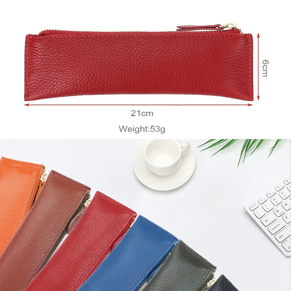 Ddbos BACK TO SCHOOL Natural Leather Zipper Pen Pencil Case Bag Pebbled Grain Leather Creative School Stationary Large Capacity Accessories Pen Pouch