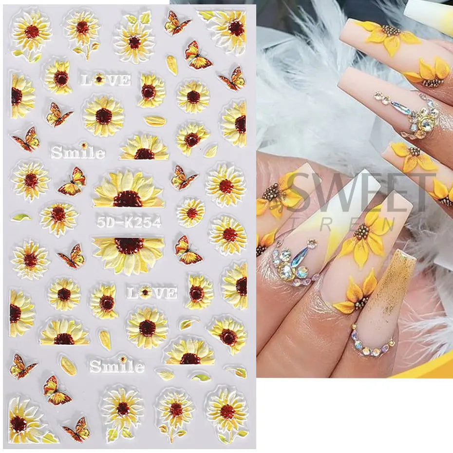 5D Yellow Sunflower Embossed Nail Sticker Acrylic Flower Leaf Bee Butterfly Summer Engrave Gel Polish Manicure Slider Decoration