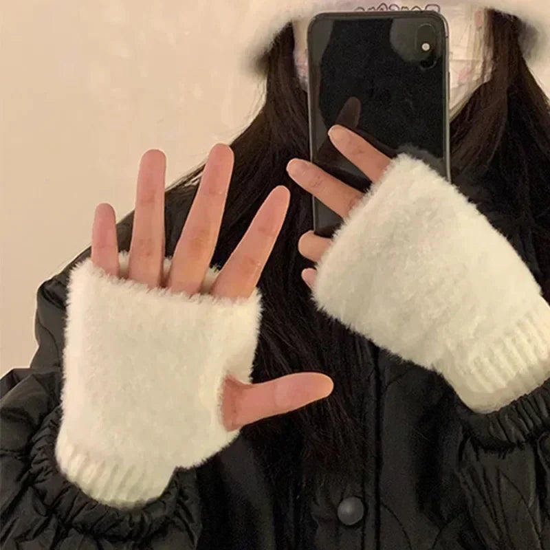 Ddbos Mink Fleece Soft Winter Half Finger Gloves Women Warm Luxury Solid White Plush Knitted Fingerless Gloves Wrist Mittens Writting