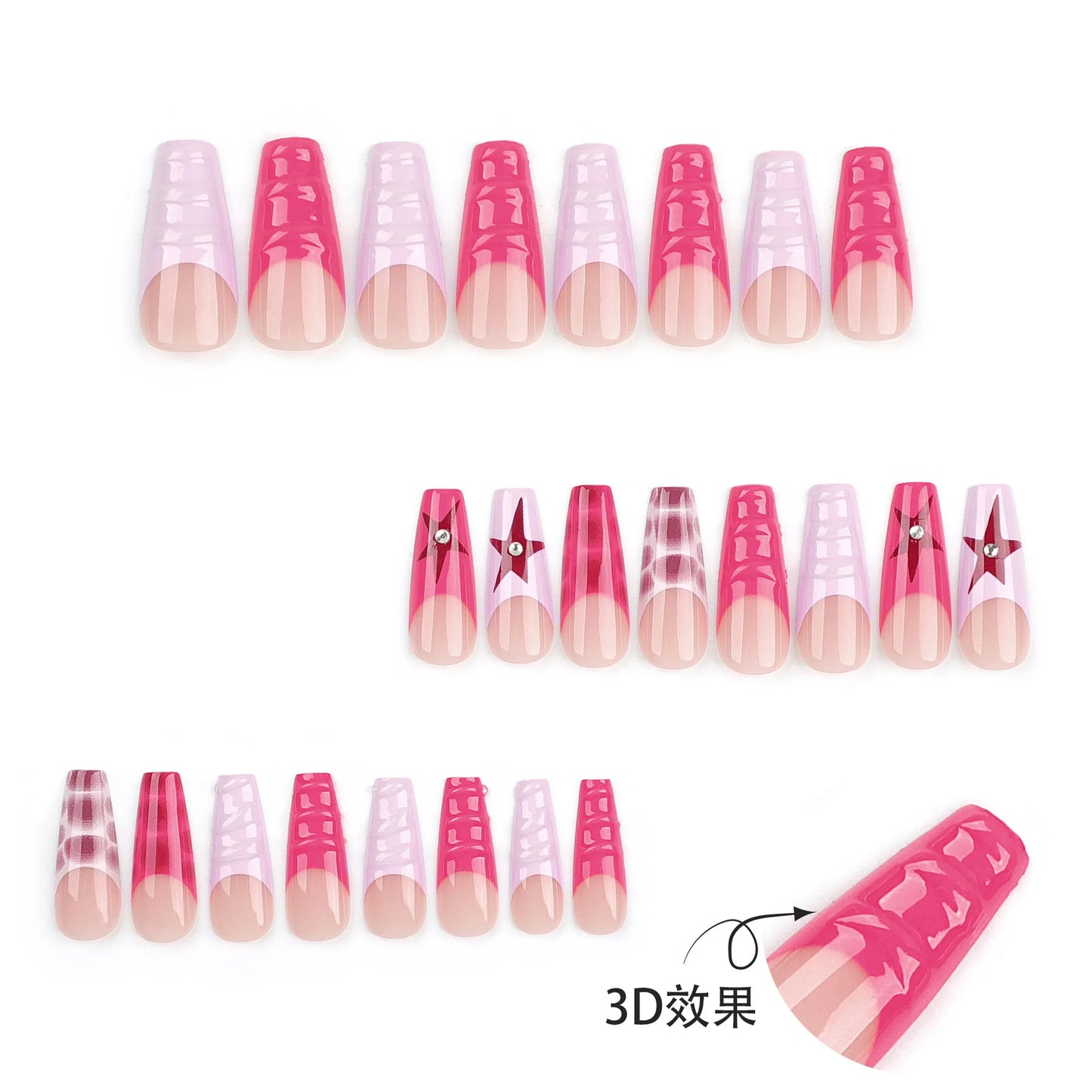 24pcs 3D French Red Fake Nails Wearable Five-pointed Star Design Press on Nails Diamond Nail Art Pieces Artificial False Nails