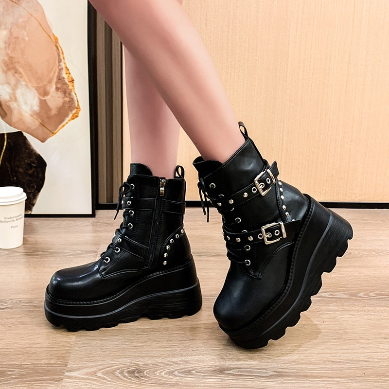 Goth Platform Ankle Chelsea Boots Women New Rock Emo Chunky Grunge Wedges Motorcyccle Shoes Big Sizes 43 Booty Woman
