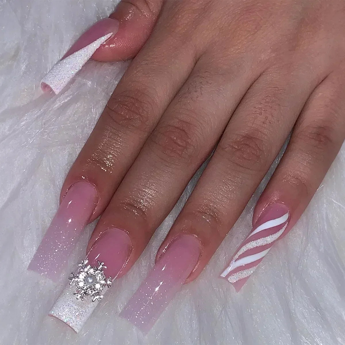 24Pcs Pink Bow Design False Nails Long Ballet Press on Nails with Pearl Wearable Coffin Fake Nails French Square Finger Nail