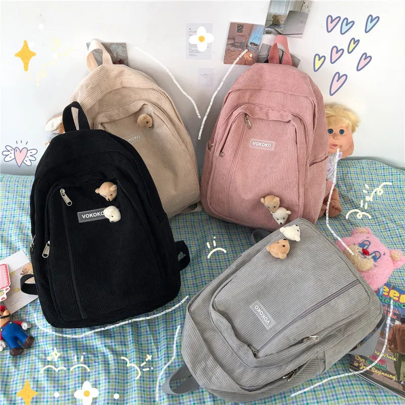 Ddbos BACK TO SCHOOL Stripe Cute Corduroy Woman Backpack Schoolbag For Teenage Girls Boys Luxury Harajuku Female Fashion Bag Student Lady Book Pack