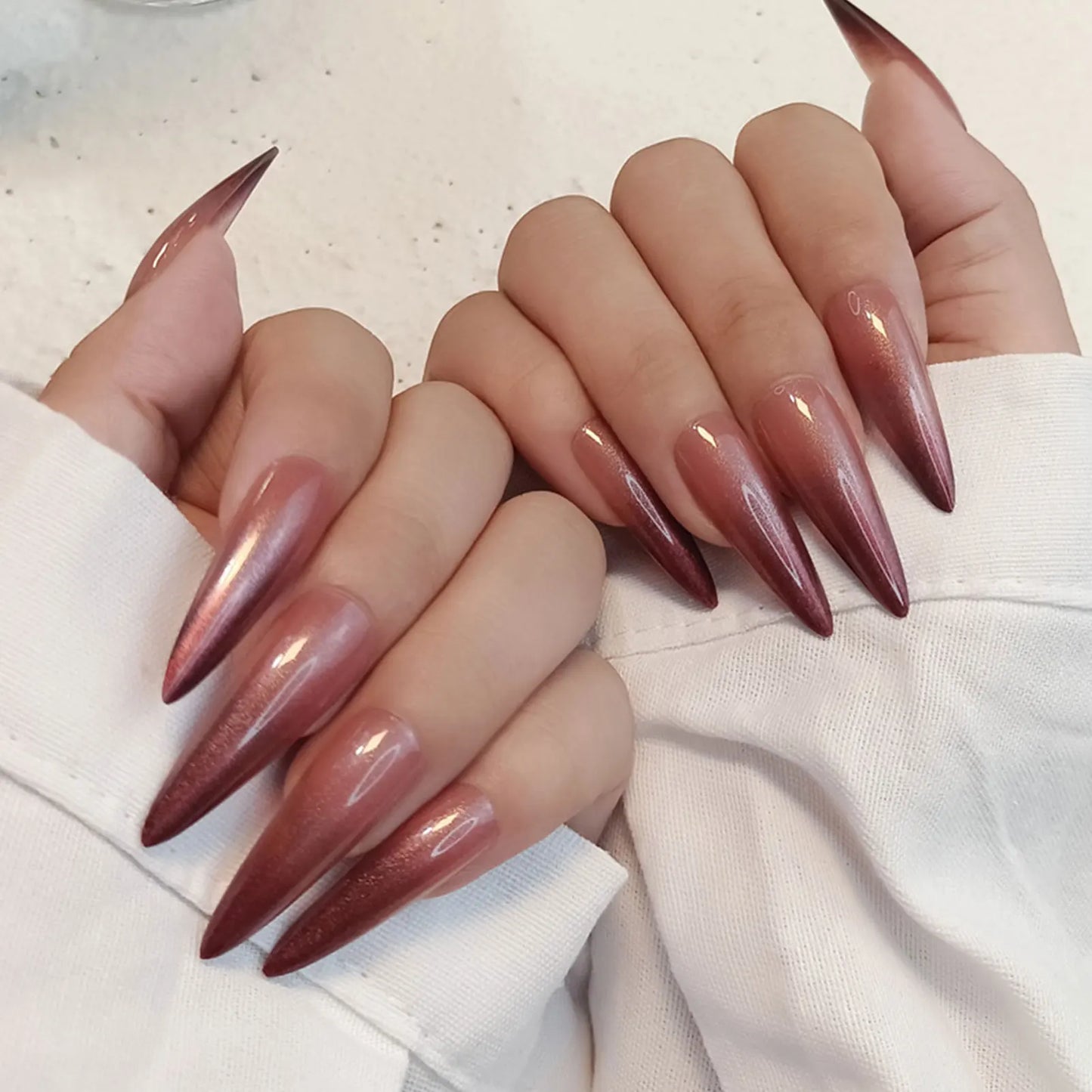 Gold French Press On Nails 24pcs Long Pointed Head Gradient Aurora Fake Nails Wearable Full Cover European Artificial Nail Tips