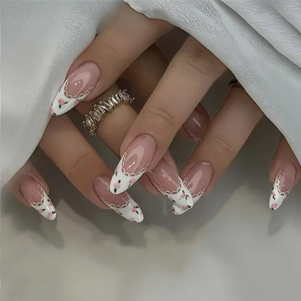 Ddbos 24Pcs Almond False Nails Cute Strawberries with French Design Simple White Wearable Fake Nails Decoration Press on Nail Tips Art