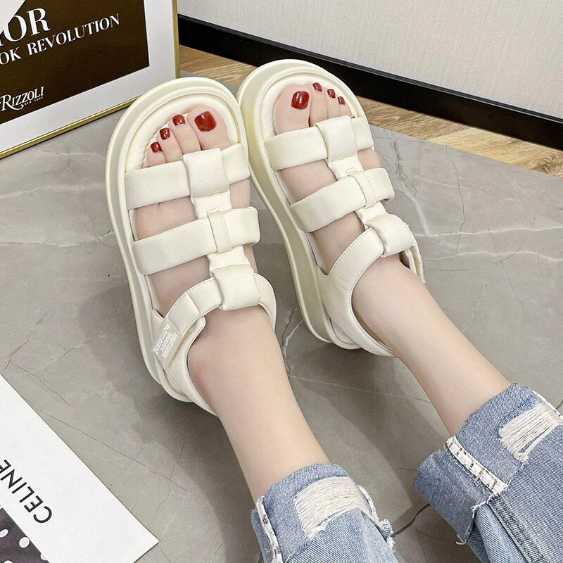 Open Toe Women's Sandals Flat Platform Shoes Hollow Designer Summer Dress Beach Leather Sandals Zapatos De Mujer