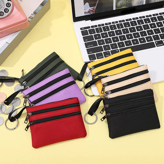 3 Zippers Canvas Coin Purse Women's Mini Wallet Solid Change Purses With Keychain Money Bags Coin Key Storage Bag Card Holder