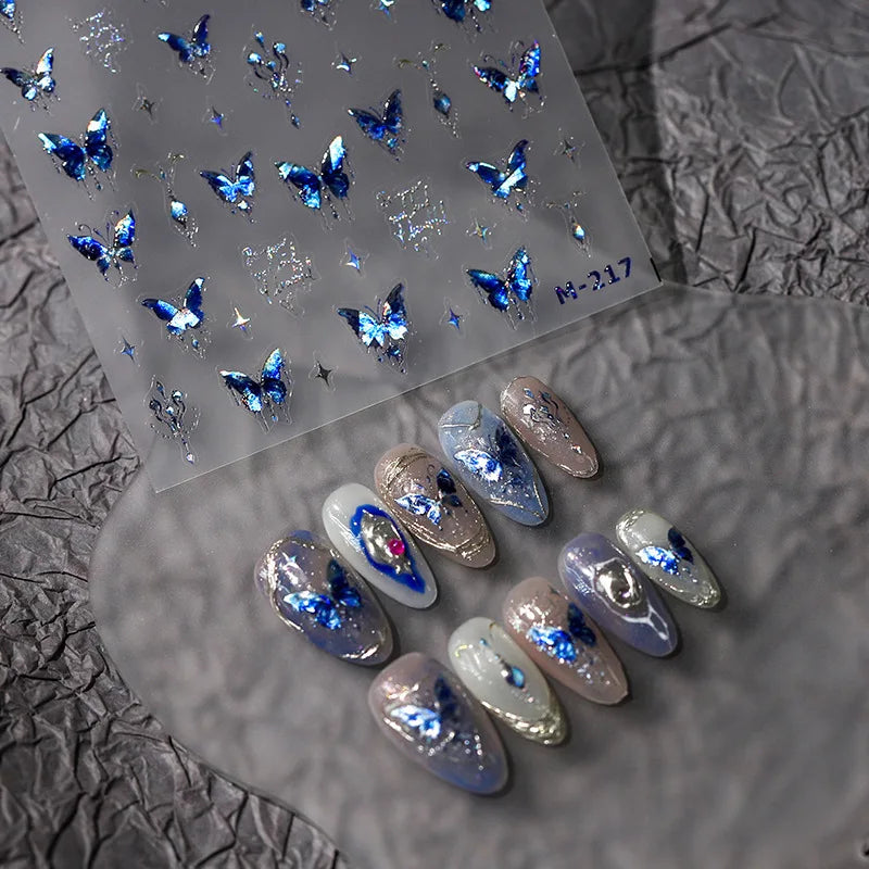 Acrylic Engraved Nail Sticker Holographic Blue Butterfly Desgin Self-Adhesive Nail Transfer Sliders Wraps Manicures Foils
