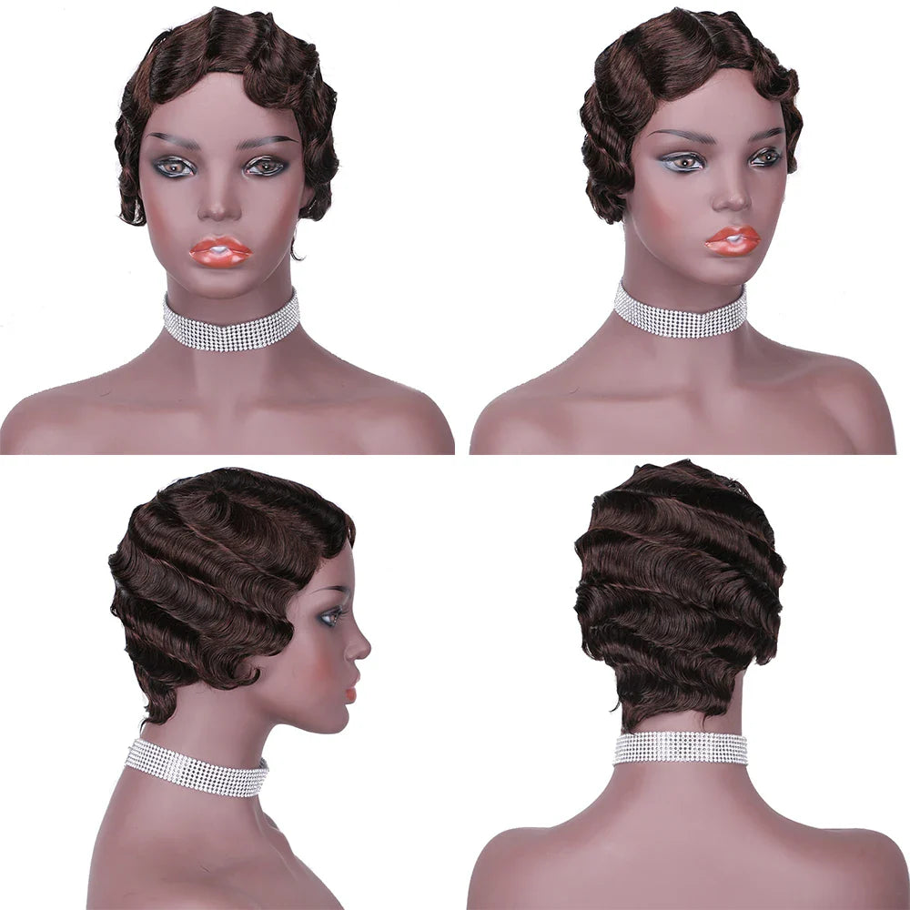 Ddbos Short Human Hair Wigs Pixie Cut Finger Wave Wigs Capless Wear and Go Full Machine Made Wig for Black Women Glueless Cheap Wigs