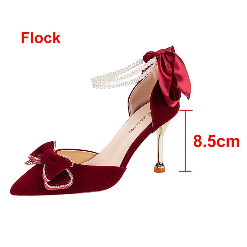 Ddbos Pearl Ankle Strap Pumps Women Luxury Bowknot Red Dance Shoes Woman Sexy Pointed Toe Velvet Stiletto High Heels Sapatos Femininos