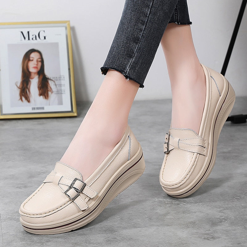 Ddbos New Spring Autumn Women Flats Platform Loafers Ladies Leather Comfort Wedge Moccasins Orthopedic Slip On Casual Shoes 35-42