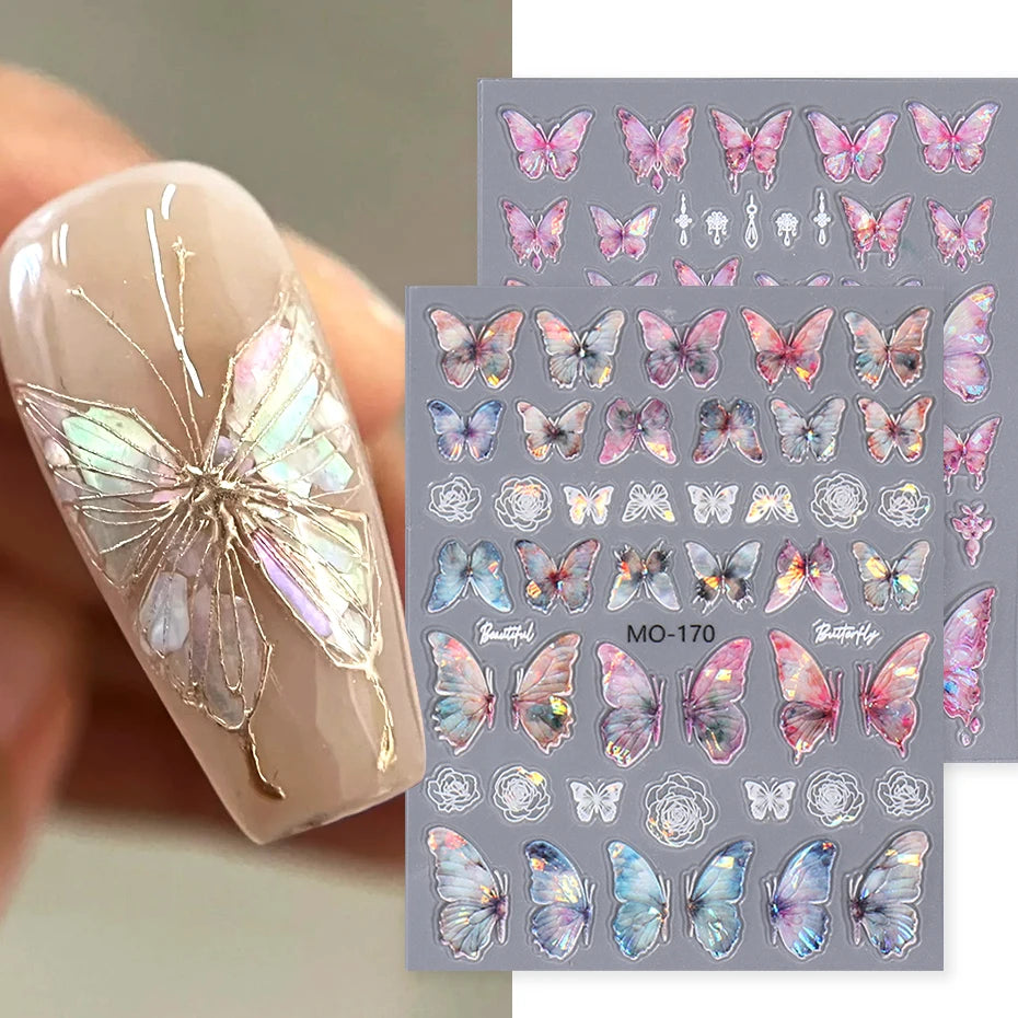 Ddbos Acrylic Engraved Butterfly Nail Manicure Sticker Holographic Crystal Fairy Rose Flowers Adhesive Decals Charm Spring Foils Wraps