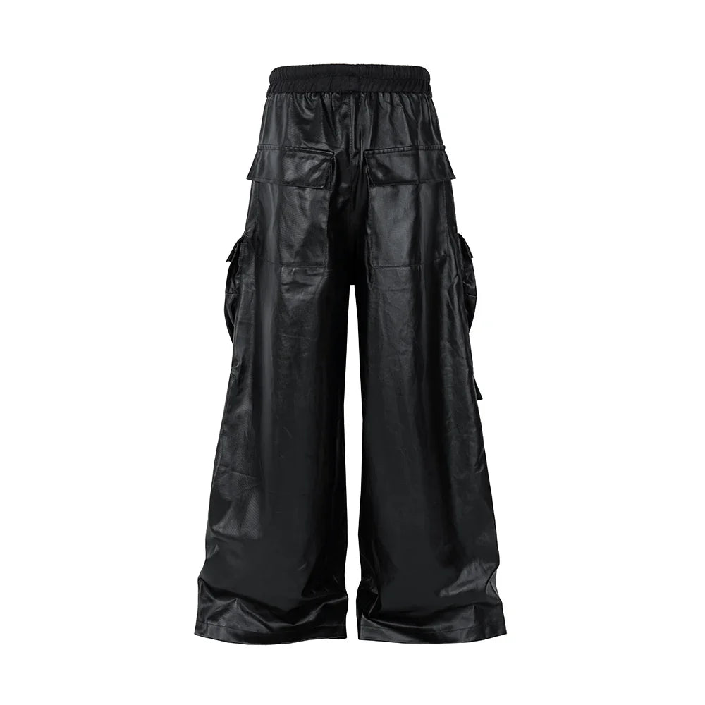 Ddbos RO Style Matte PU Leather Pants for Men High Street Y2k Pantalones Hombre Baggy Overall Wide Leg Drawstring Cargo Pants