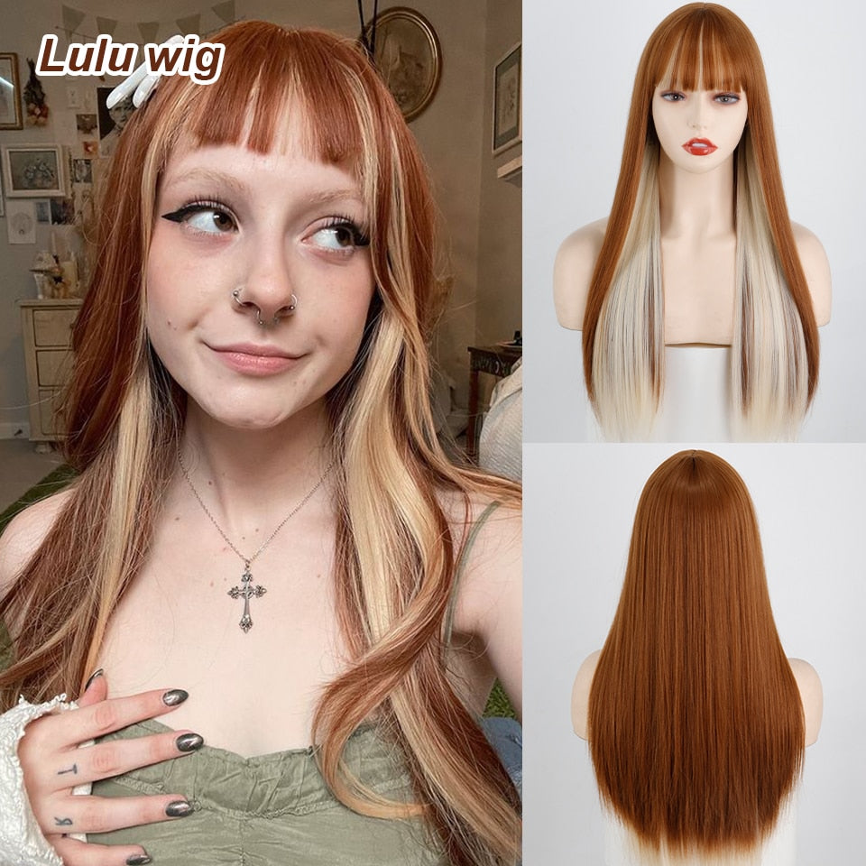 Ddbos Long Orange Wig with Bangs Straight Orange Wigs for Women Cosplay Long Synthetic Orange Wig Natural Looking for Daily Wear