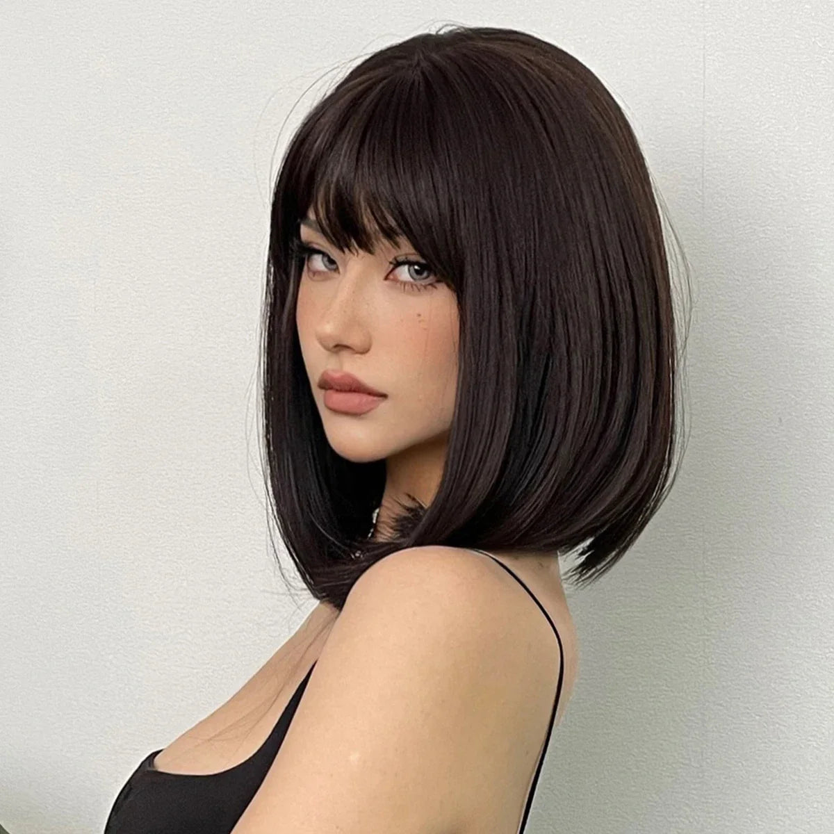 Ddbos Short Black Brown Synthetic Natural Hair Wigs for Women Bob Straight Wig with Bangs High Temperature Daily Cosplay Party Wigs