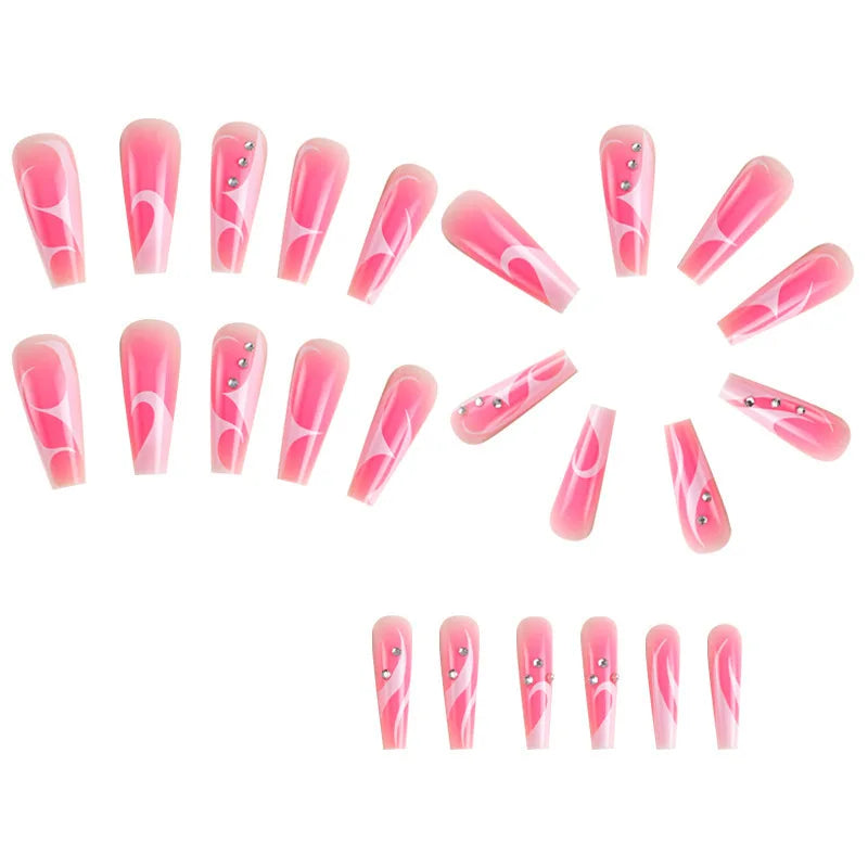 Long Ballerina Y2K Nails White Stripe French False Nails Rhinestones Decor Pink Gradient Ins Style Fake Nails Press On Nail Tips