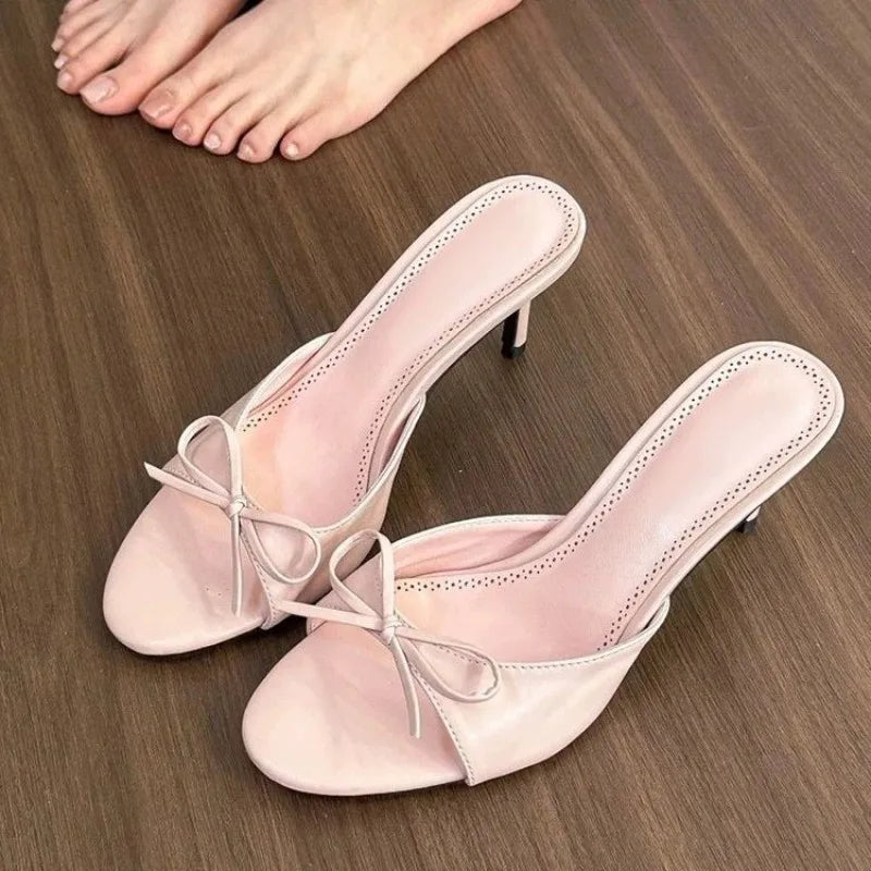 2024 New Arrivals Summer Pink Butterfly-knot Woman Slippers Elegance Stripper Thin Low Heels Ladies Mules Slides Shoes