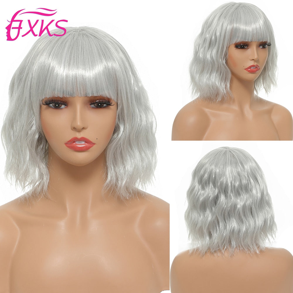 Ddbos Blonde Gold Short Wavy Synthetic Wigs With Bangs Brown Grey Silver Black Color Body Wave Hair Wigs 14Inch 200G For Women FXKS