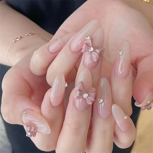 Ddbos 30pcs Sweet Pink Bowknot False Nails Pointed Head Fake Nails Simple Gradient Nude Color Lady Girl Manicure Patch Press on nails