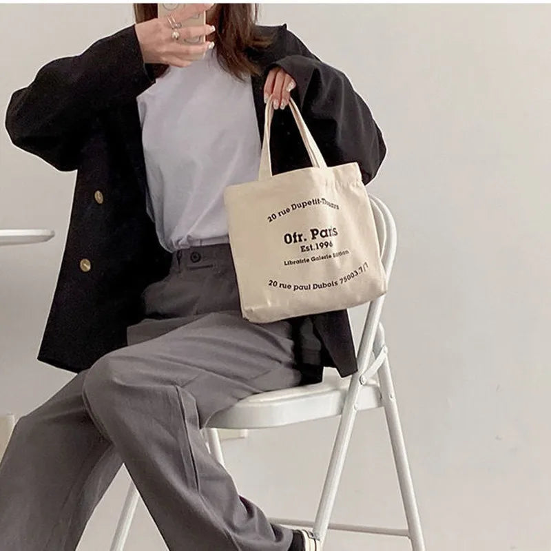 Ddbos Women Mini Tote Handbag Korean Style Letter Print Canvas Shopping Bag for Boutique Female Letter Lunch Bag Tote Pouch