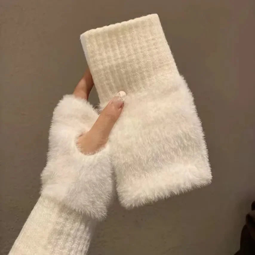 Ddbos Mink Fleece Soft Winter Half Finger Gloves Women Warm Luxury Solid White Plush Knitted Fingerless Gloves Wrist Mittens Writting