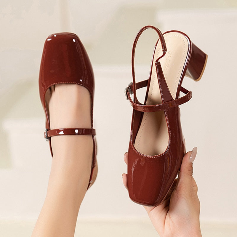 Ddbos High Heels Mary Jane Sandals Women Summer Red Patent Leather Slingbacks Pumps Woman Square Toe Thick Heeled Shoes Ladies