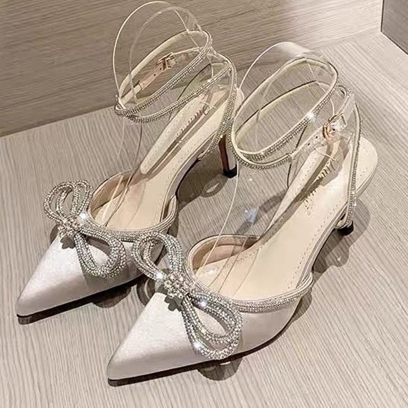 Ddbos Fashion Women's High Heel Sandals Rhinestone Woman Pump Crystal Bowknot Ankle Strap Ladies Prom Shoes Women Female Footwear