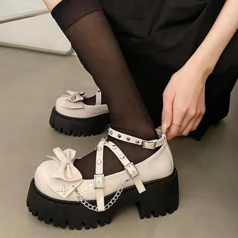 Ddbos BACK TO SCHOOL Women's Mary Jane Shoes Lolita Solid Color Spring 2024 Hot Sale Fashion Butterfly Knot Outdoors Thick with Non-slip Female Shoes