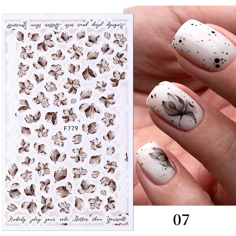 Ddbos 1PCS Black White Butterfly Laser Nail Stickers Y2K Nail Art Decoration Abstract Lines Bronzing Flowers Stickers For Nails