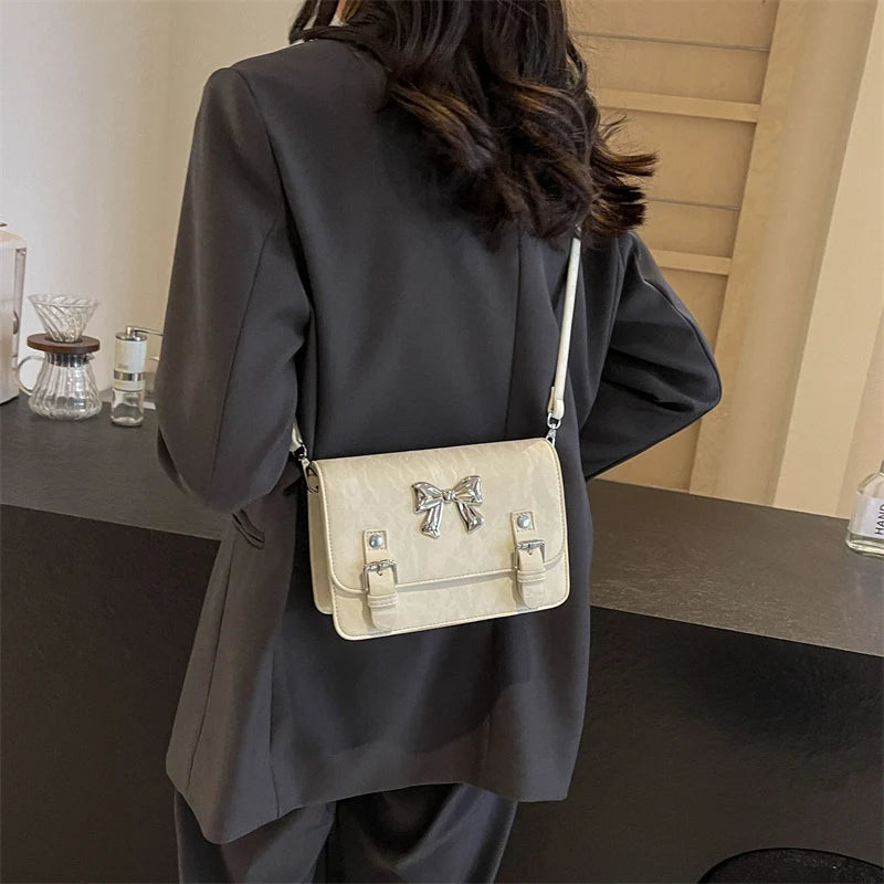 Ddbos Bow Small Crossbody Bags for Women 2024 Korean Fashion Silver PU Leather Shoulder Bag Underarm Bags Handbags and Purses