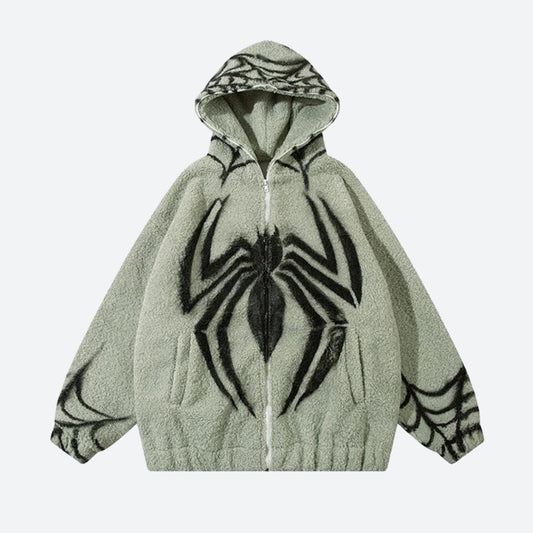 Ddbos - Spider Full Zip-Up Teddy Hoodie Jacket - chill guy 90s fashion mens fashion