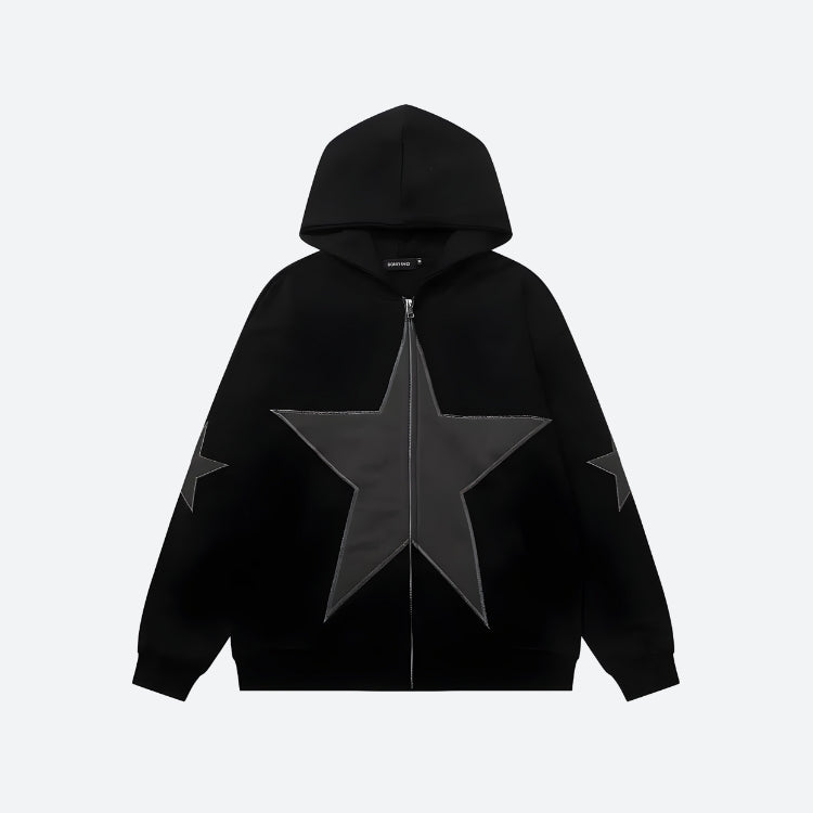 Ddbos - Y2K Star Patch Zip-Up Hoodie - chill guy 90s fashion mens fashion