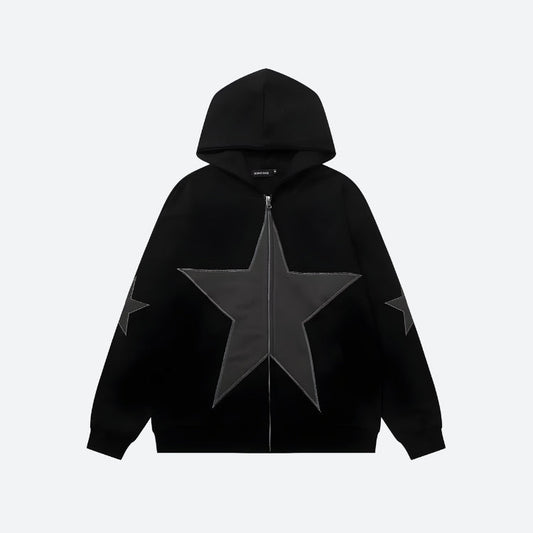 Ddbos - Y2K Star Patch Zip-Up Hoodie - chill guy 90s fashion mens fashion