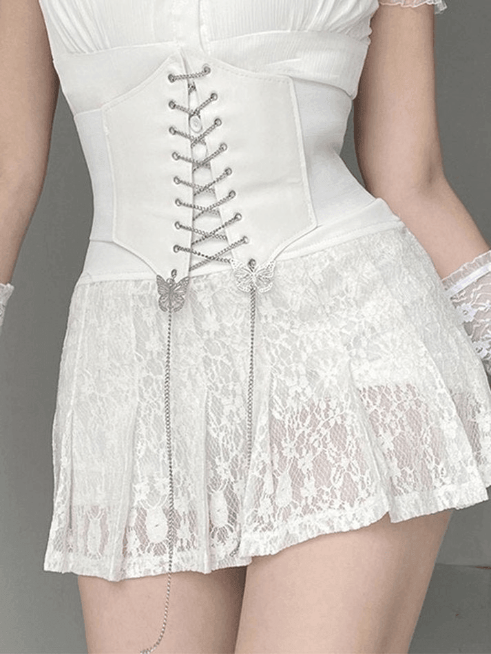 Ddbos - A Line Pleated Lace Mini Skirt