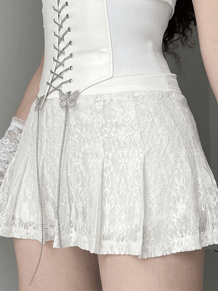 Ddbos - A Line Pleated Lace Mini Skirt