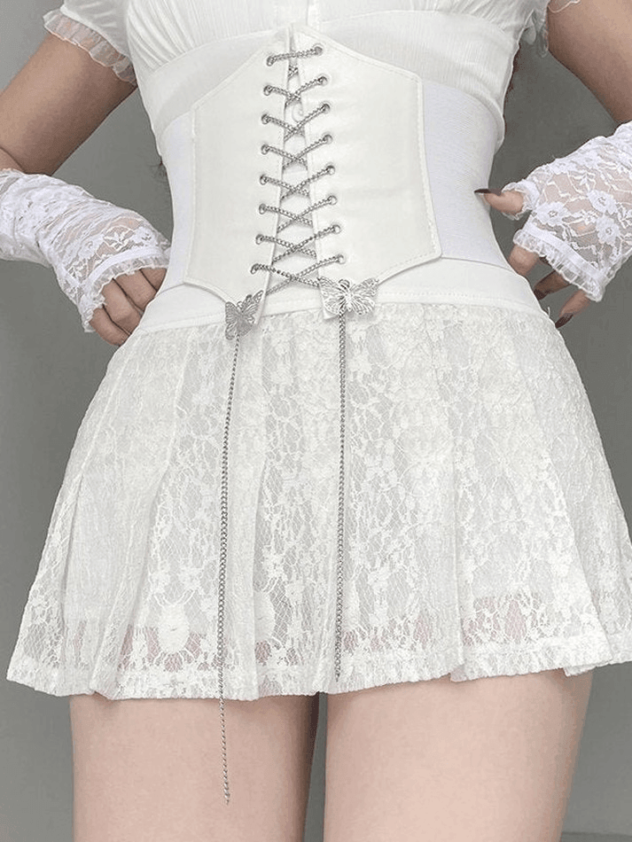 Ddbos - A Line Pleated Lace Mini Skirt