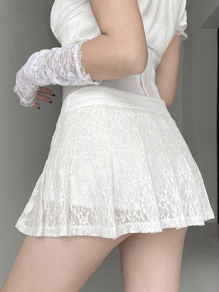 Ddbos - A Line Pleated Lace Mini Skirt