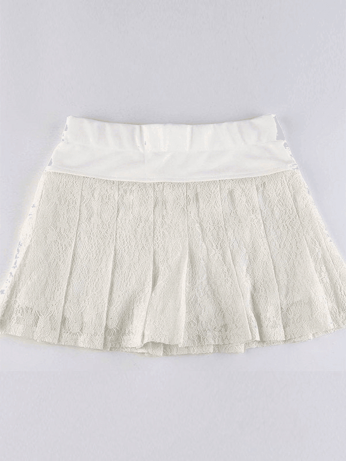 Ddbos - A Line Pleated Lace Mini Skirt