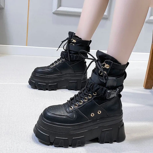 Punk Chunky Platform Motorcycle Boots Women Lace-up Thick Bottom Ankle Boots Woman Cool Autumn Winter Gothic Shoes Female