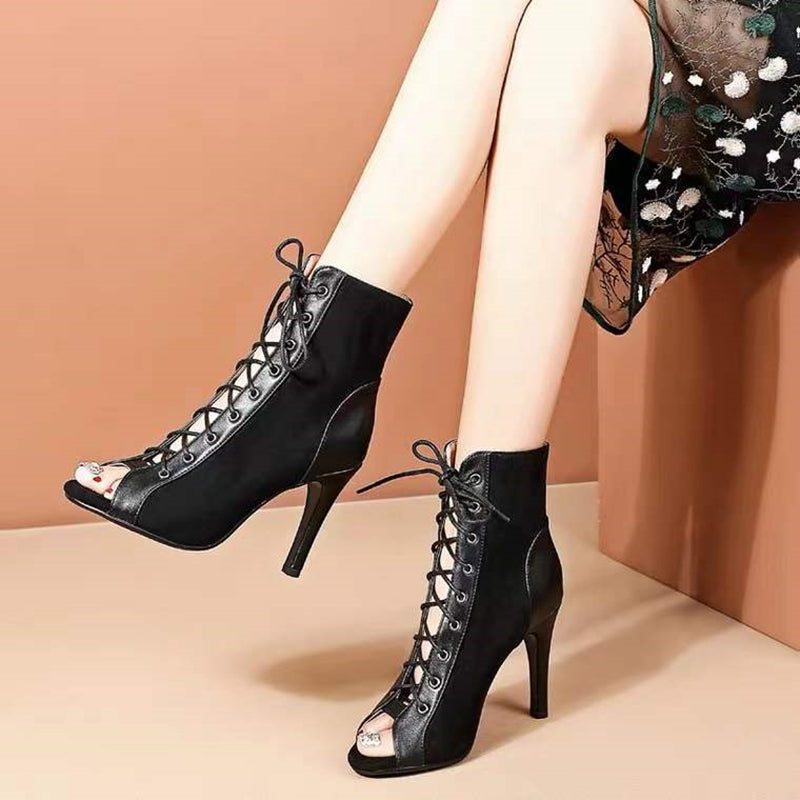 Ddbos Lace-Up Sandals Heels 9CM Women's Shoes Summer Trend Black Sexy Peep Toe Boots Fashion Cloth Stilettos Jazz Dance Female