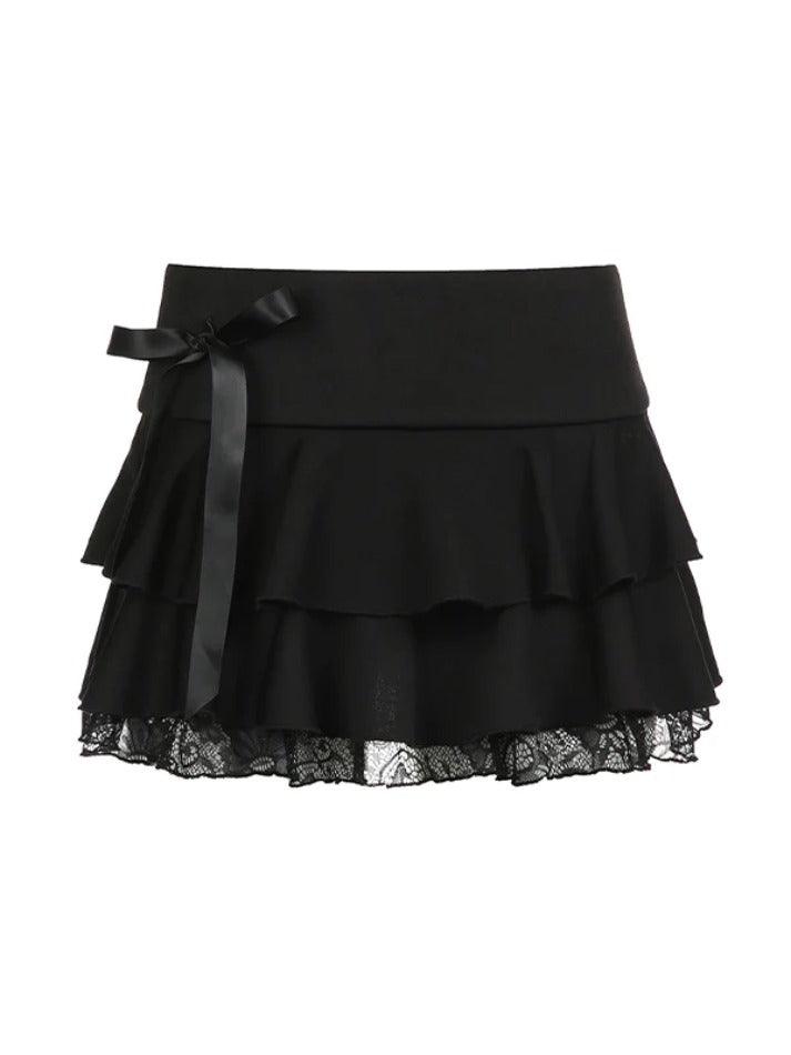 Ddbos - Bow Lace Splice Low Rise Tiered Mini Skirt