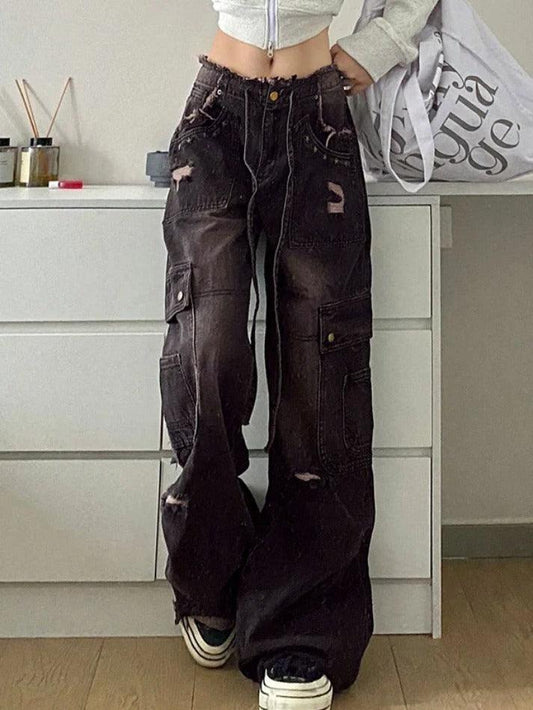 Ddbos - Vintage Distressed Studded Ripped Cargo Jeans