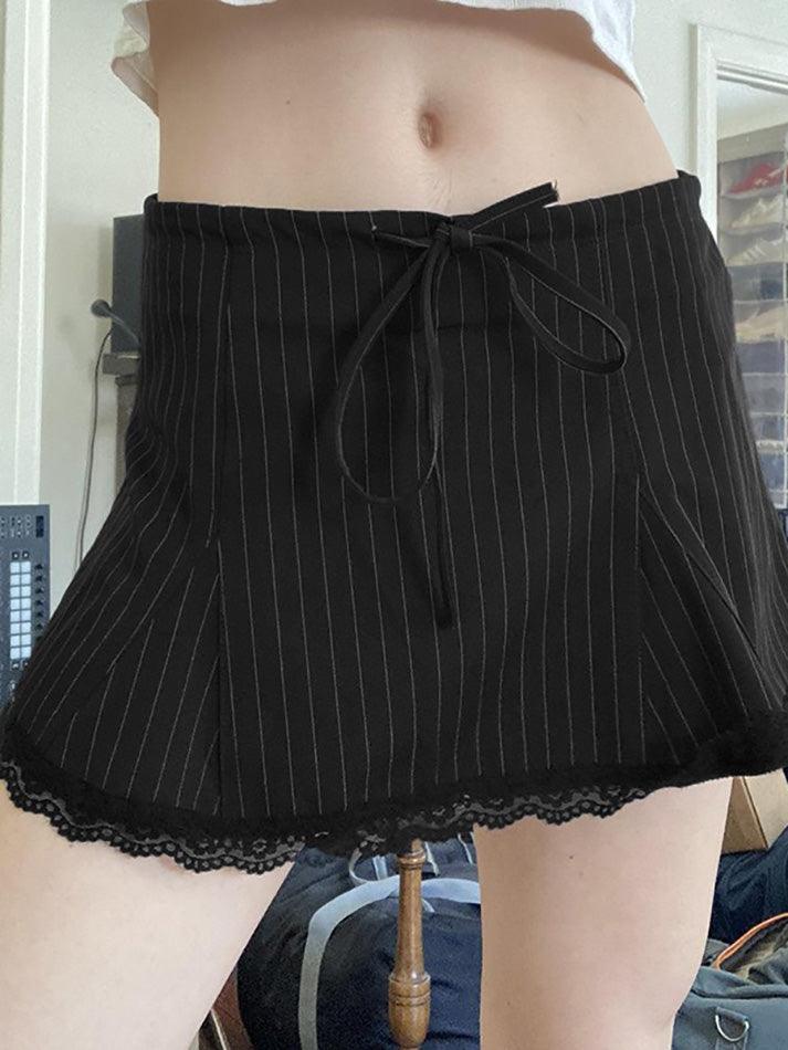 Ddbos - Low Waist Tie-Front Striped Lace-Trim Mini Skirt