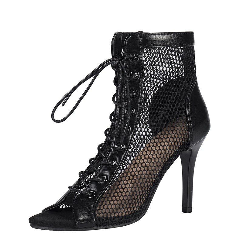 Ddbos Sandals Hollow Mesh Heels women's Shoes Summer Trend Black Lace-Up Sexy Peep Toe Boots Stilettos Jazz Dance Female Shoes