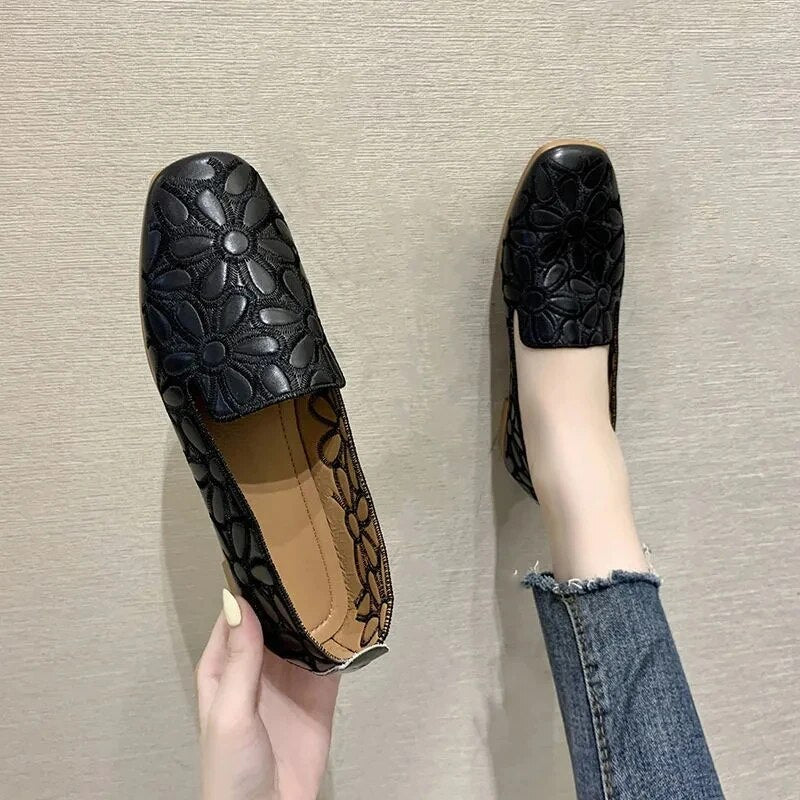 Ddbos Shoes for Women Hot Sale Square Toe  Embroidery Women's Flats Summer Casual Ladies Ballet Shoes Solid Hollow Female Loafers