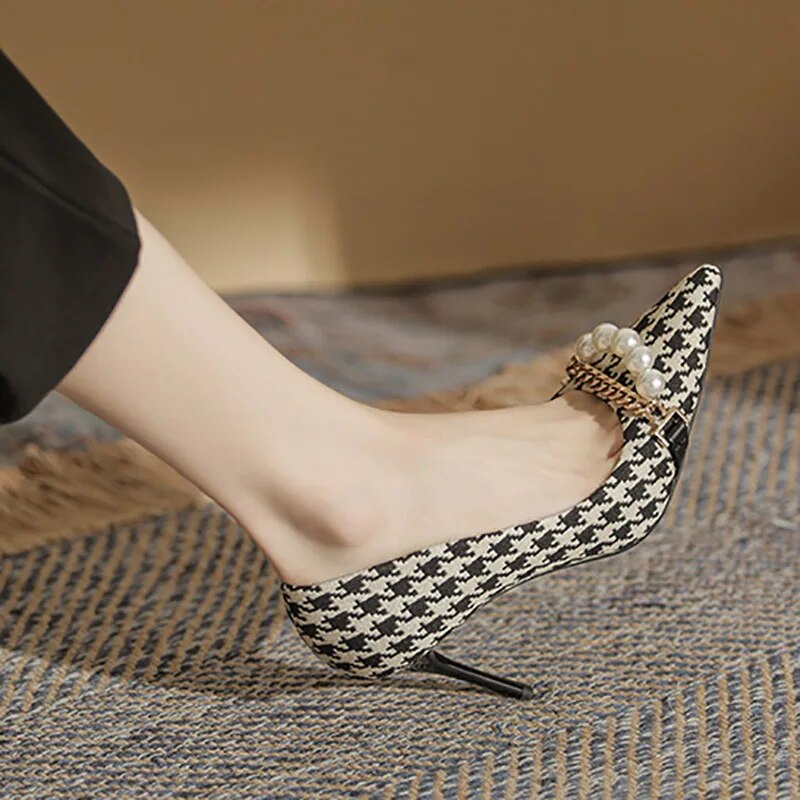 Ddbos Plus Size 41 Woman Pumps Pointed Toe Pearls Chain High Heels Dress Shoes Houndstooth Stilettos Plaid Boat Shoes for Female