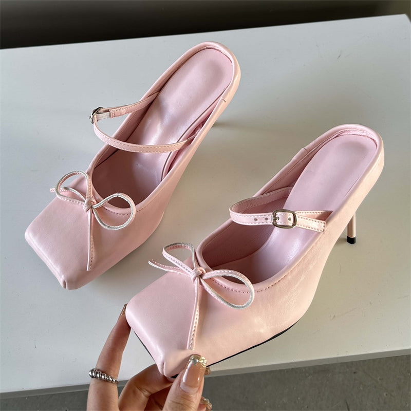 Ddbos Sexy Square head Thin Heels Wedding Banquet Dress Mule Ladies Shoes 2024 Designer Bowknot Buckle Strap Pumps Women