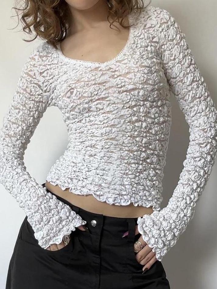 Ddbos - Lace Trim V Neck  Long Sleeve Crop Top