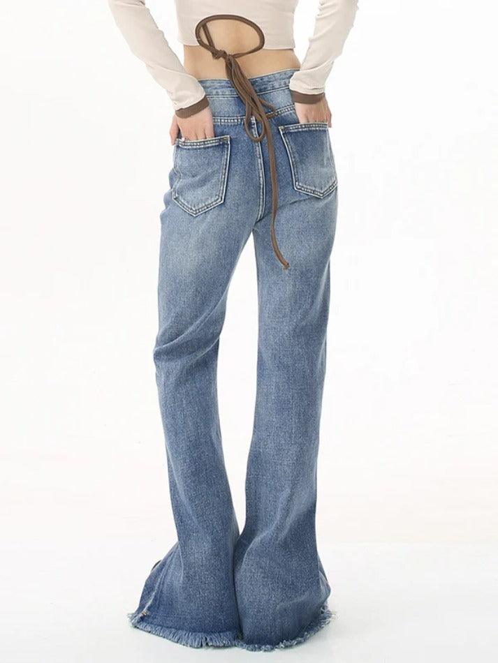 Ddbos - Mid Rise Raw Edge Slim Flare Jeans